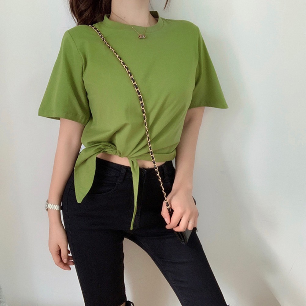 Trendy Women's Solid Color T Shirt with Short Sleeves for Summer Outings - Picture 14 of 54