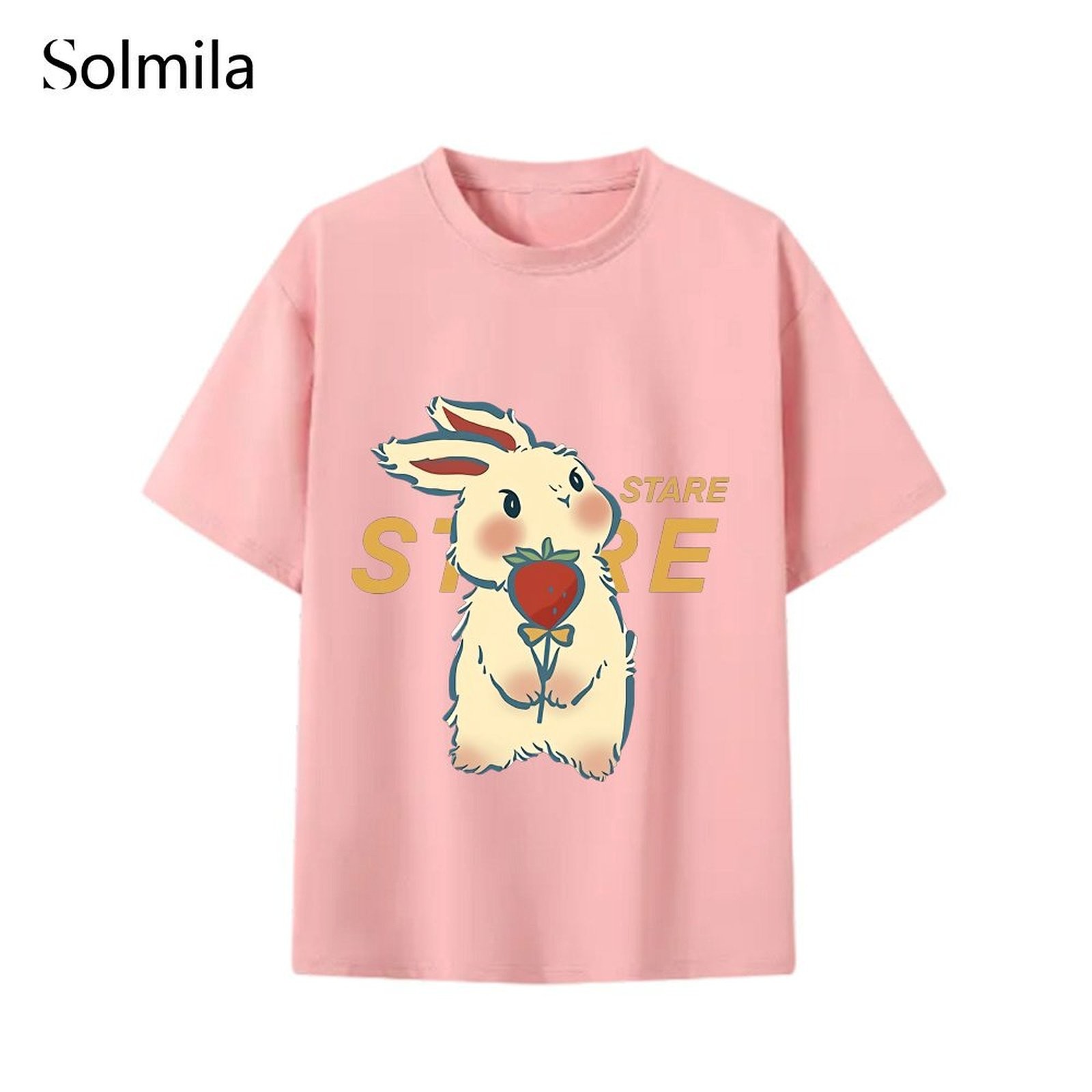 Cute Rabbit Print Loose Fit T Shirt Perfect For Spring Round Neck Design - Picture 13 of 15