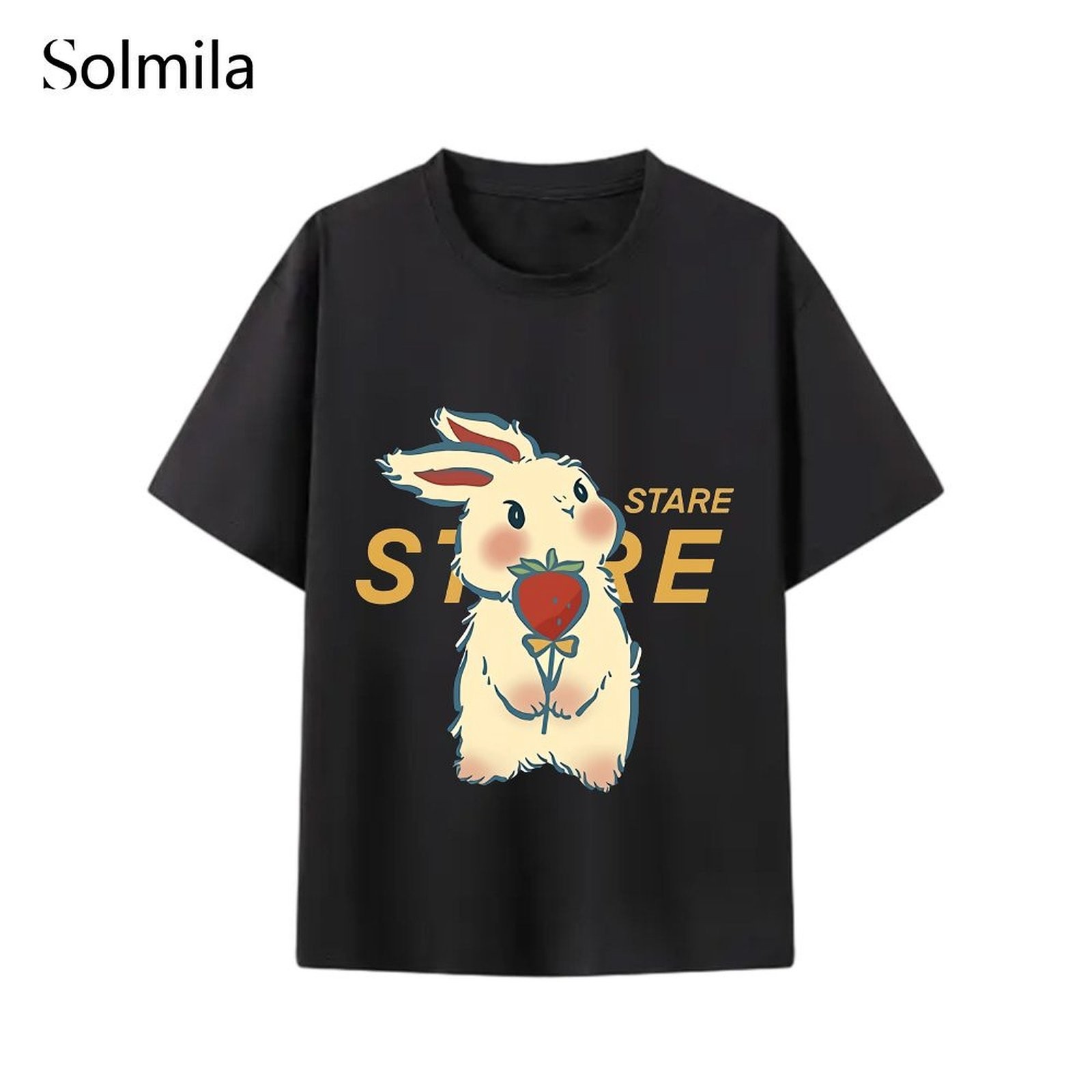 Cute Rabbit Print Loose Fit T Shirt Perfect For Spring Round Neck Design - Picture 15 of 15