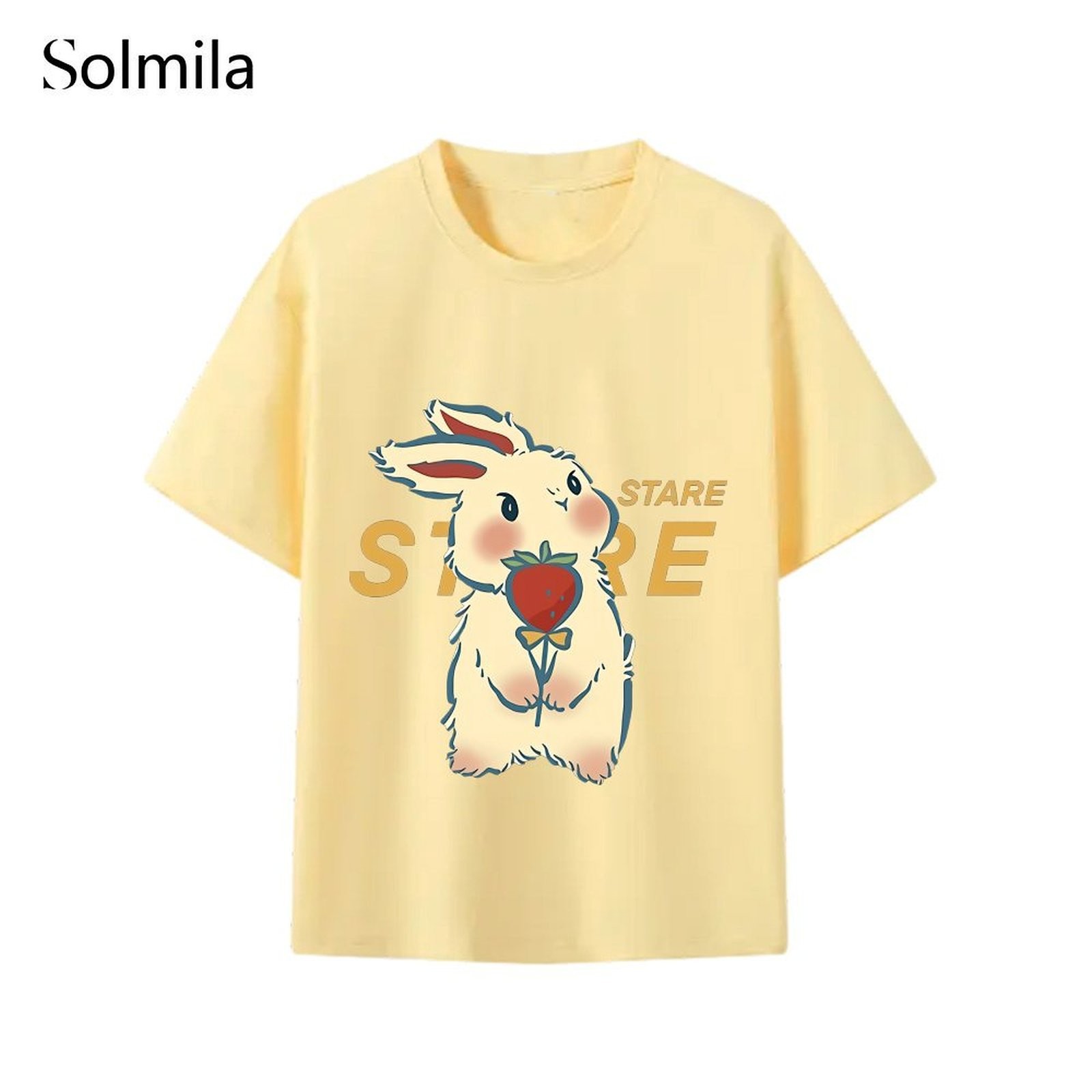 Cute Rabbit Print Loose Fit T Shirt Perfect For Spring Round Neck Design - Picture 14 of 15
