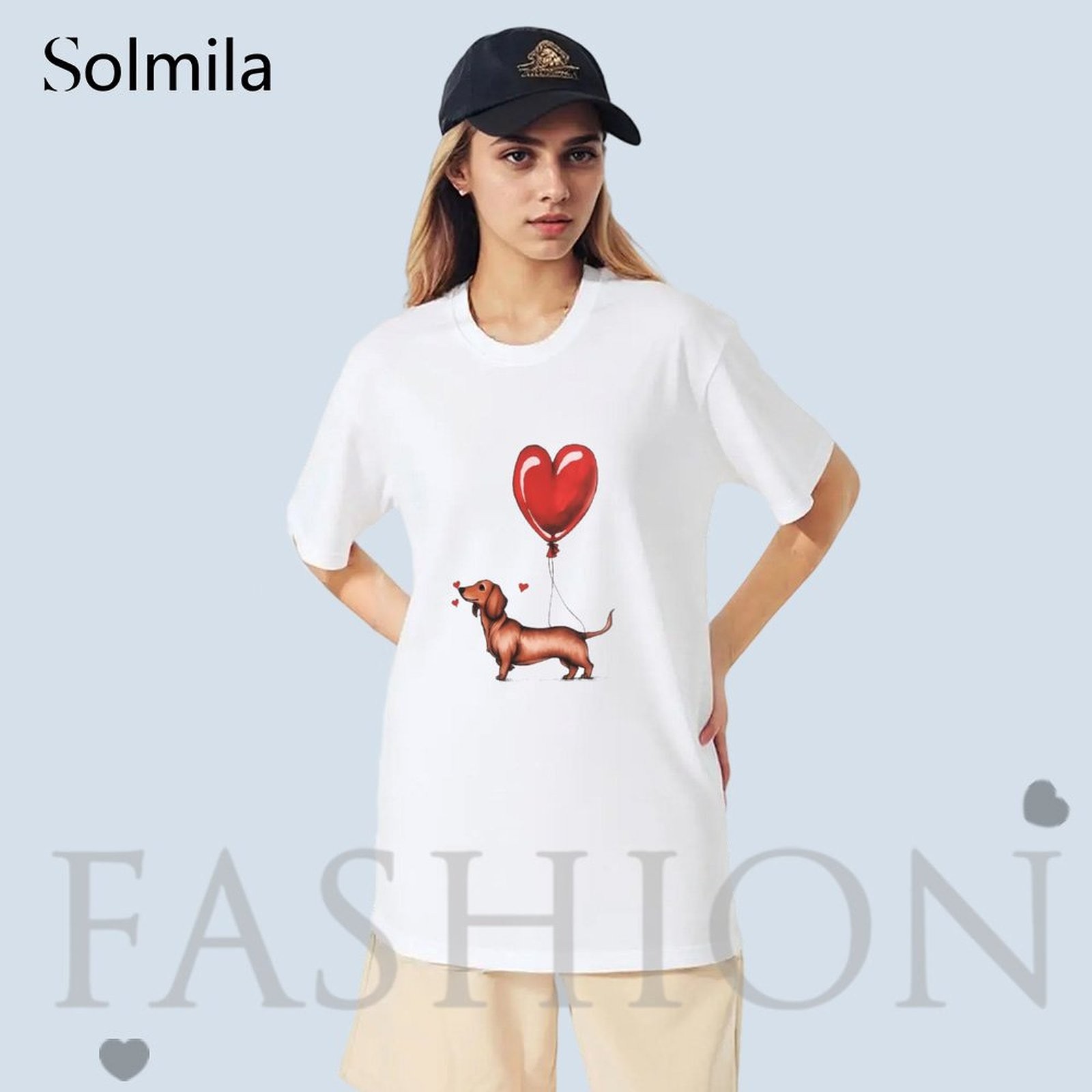 Women Oversized Dachshund Balloon Graphic Print Casual T Shirt Cotton Sreetwear - Picture 10 of 10