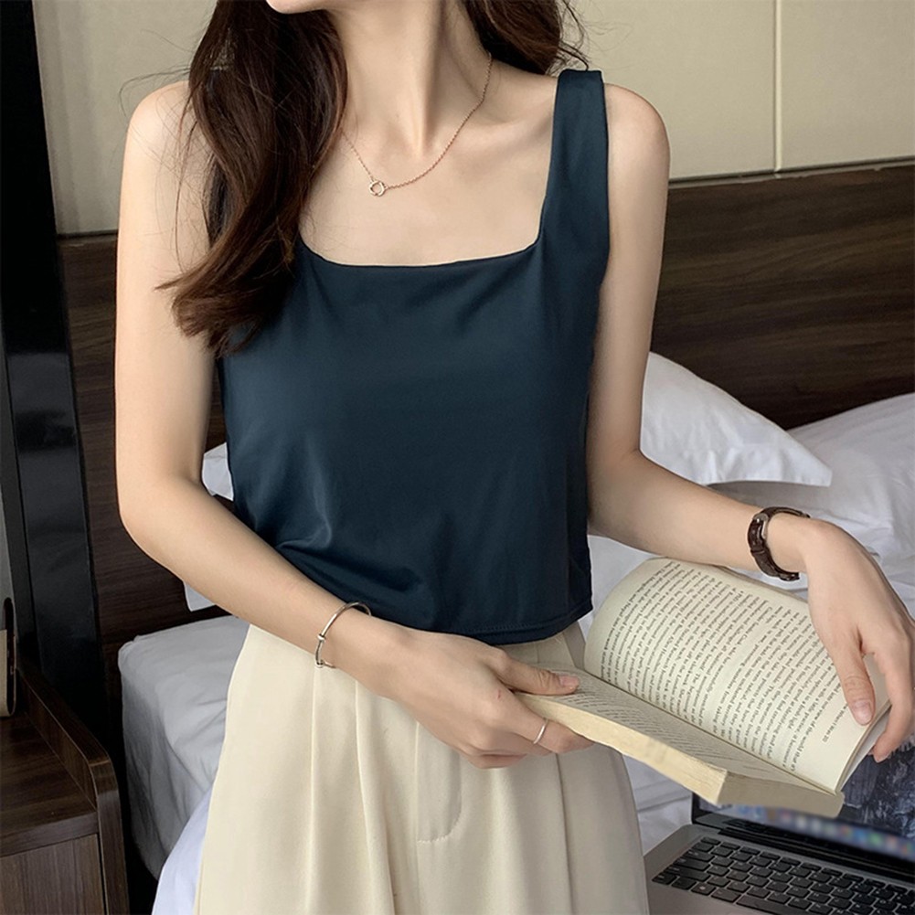 Ladies' Square Neck Ice Silk Slim Fit Short Sleeve Top for Summer Vacation - Picture 13 of 16