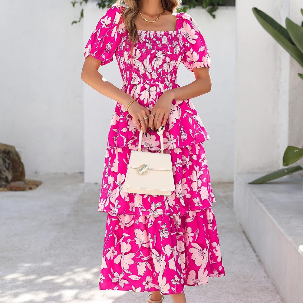 Womens Floral Puff Dress with Ruffle Tiered Design for Casual Summer Events - Picture 16 of 37