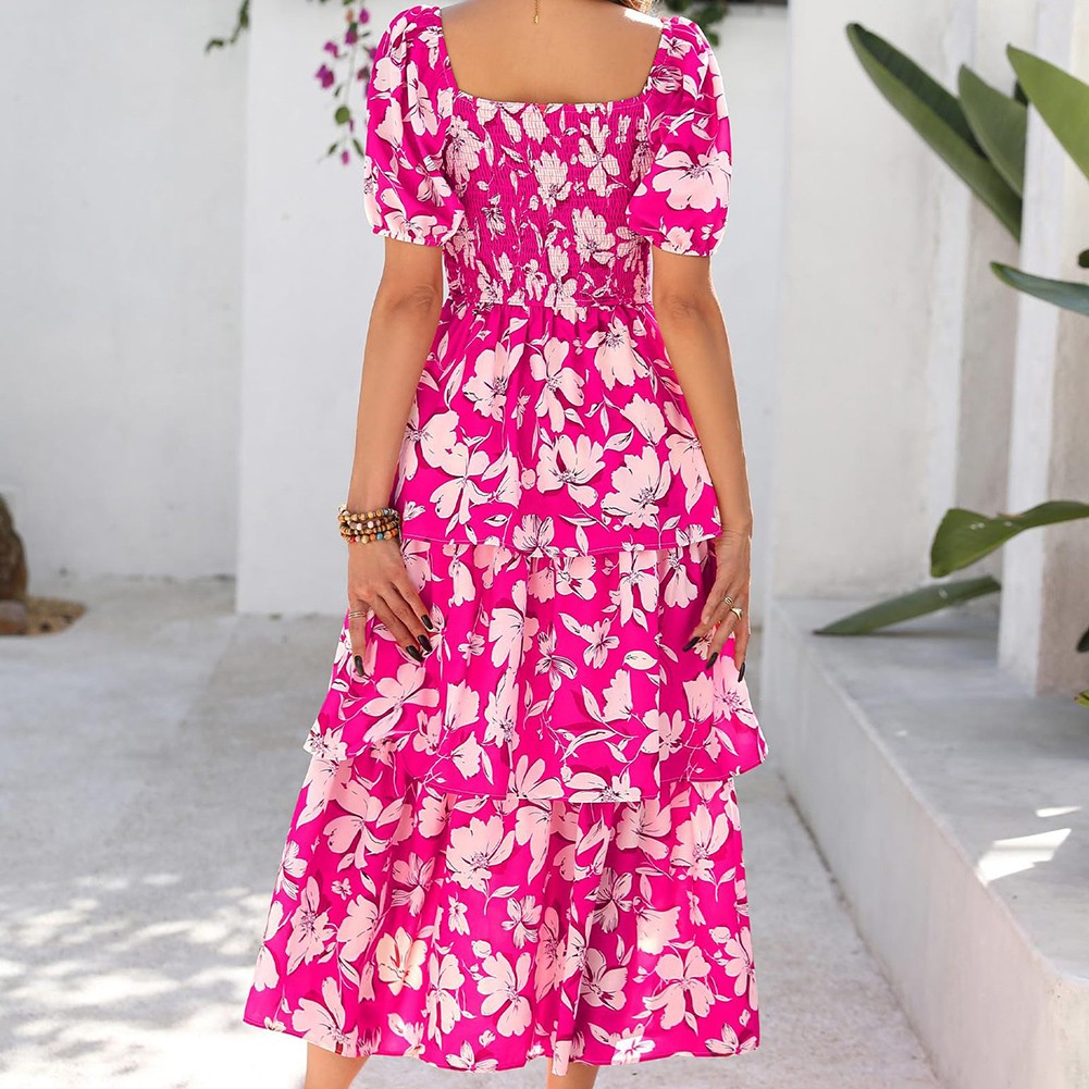 Womens Floral Puff Dress with Ruffle Tiered Design for Casual Summer Events - Picture 15 of 37