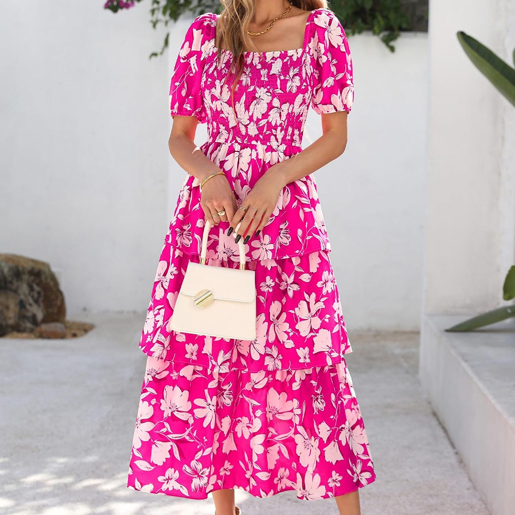 Womens Floral Puff Dress with Ruffle Tiered Design for Casual Summer Events - Picture 17 of 37