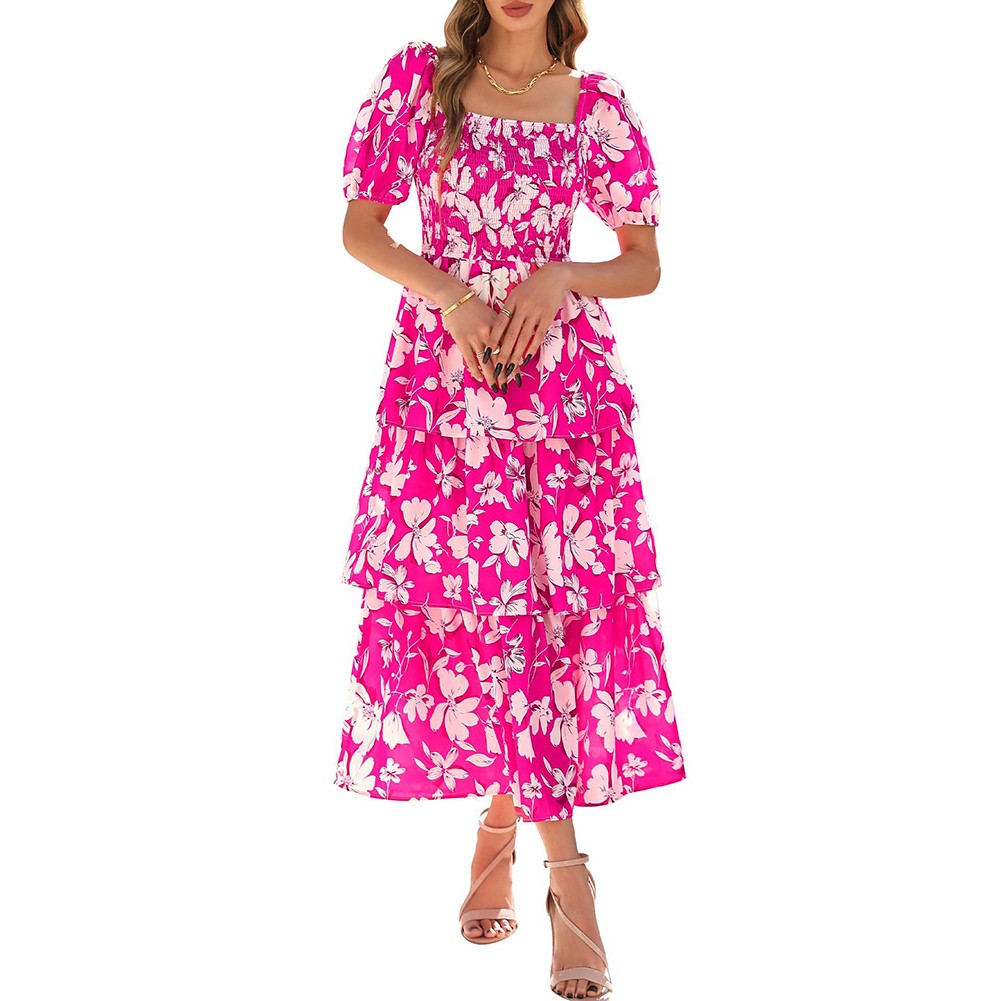Womens Floral Puff Dress with Ruffle Tiered Design for Casual Summer Events - Picture 13 of 37