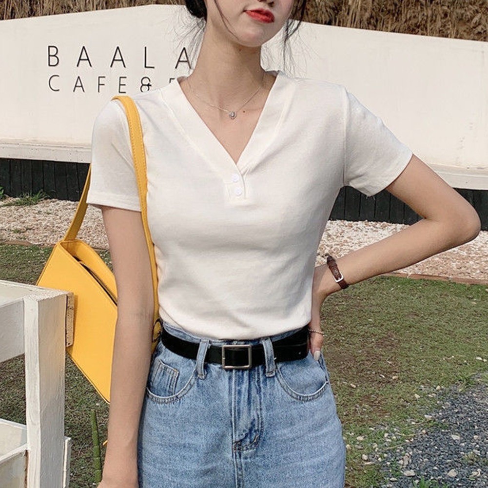 2025 Slim Fit V-Ausschnitt Kurzarm T-Shirt für Damen in verschiedenen Farben - Picture 18 of 36