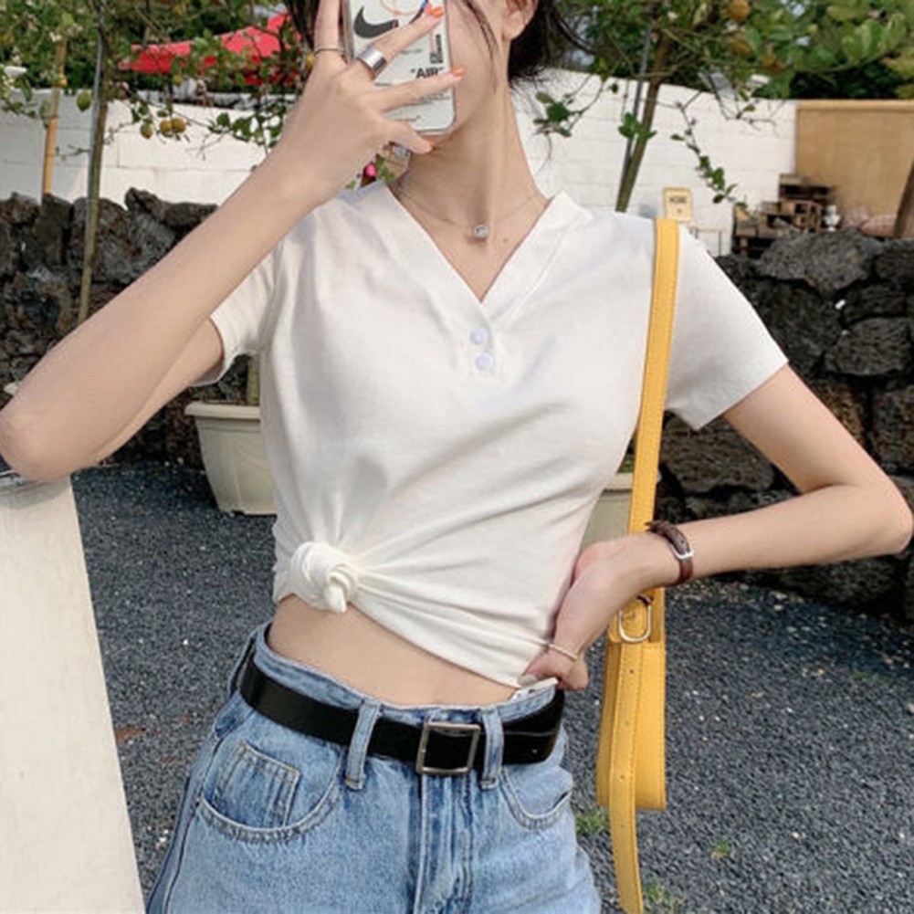 2025 Slim Fit V-Ausschnitt Kurzarm T-Shirt für Damen in verschiedenen Farben - Picture 13 of 36