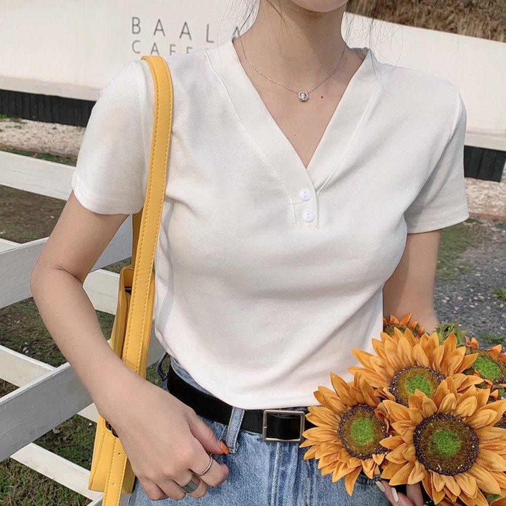 2025 Slim Fit V-Ausschnitt Kurzarm T-Shirt für Damen in verschiedenen Farben - Picture 17 of 36
