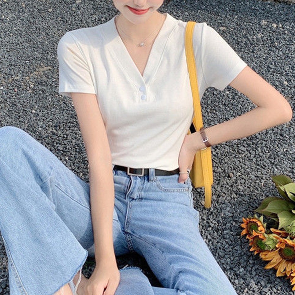 2025 Slim Fit V-Ausschnitt Kurzarm T-Shirt für Damen in verschiedenen Farben - Picture 16 of 36