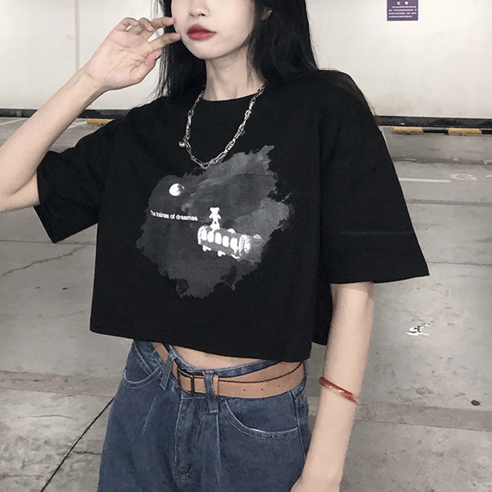 Navel-baring Tops Crew Neck Design Microelasticity Material Polyester Fabric - Picture 7 of 32