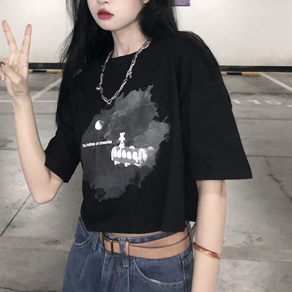 Navel-baring Tops Crew Neck Design Microelasticity Material Polyester Fabric - Picture 11 of 32