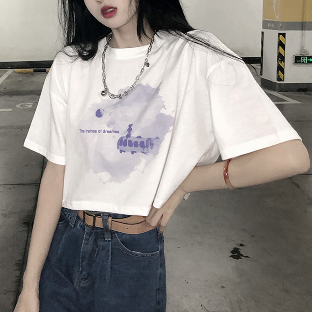 Navel-baring Tops Crew Neck Design Microelasticity Material Polyester Fabric - Picture 10 of 32