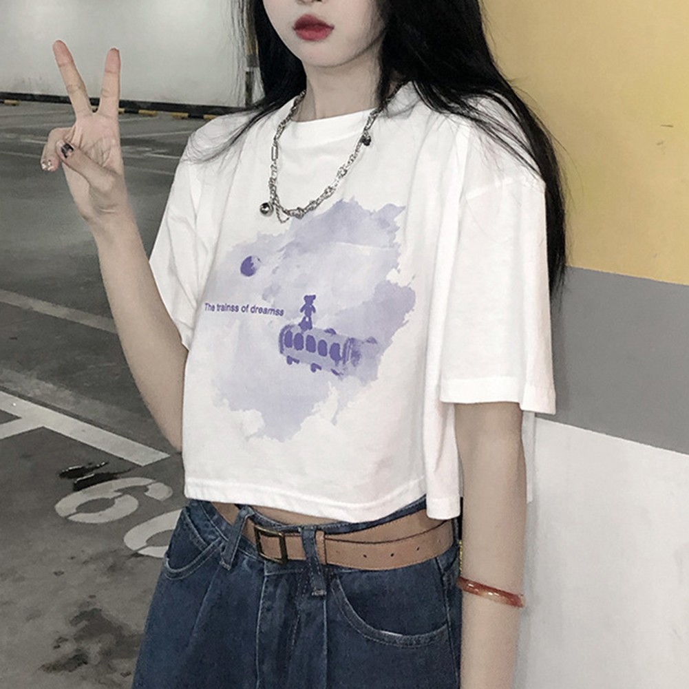 Navel-baring Tops Crew Neck Design Microelasticity Material Polyester Fabric - Picture 9 of 32