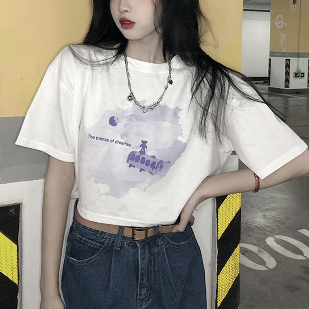 Navel-baring Tops Crew Neck Design Microelasticity Material Polyester Fabric - Picture 15 of 32