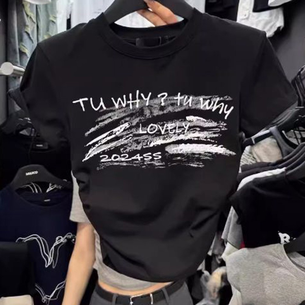 Women Fashion T Shirt with Letter Print and Short Sleeves for Warm Weather - Picture 7 of 8
