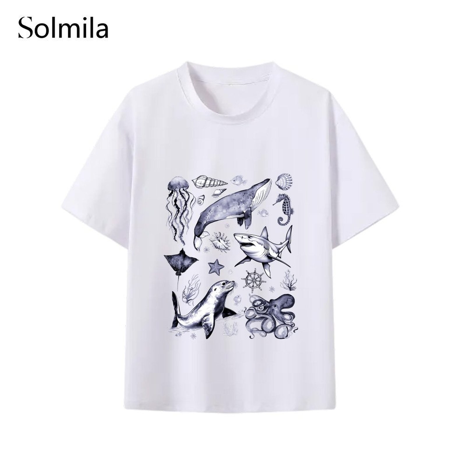 Daily Wear Vacation Casual Fashion Top Round Neck Tee Korean Screen Pattern - Picture 6 of 9