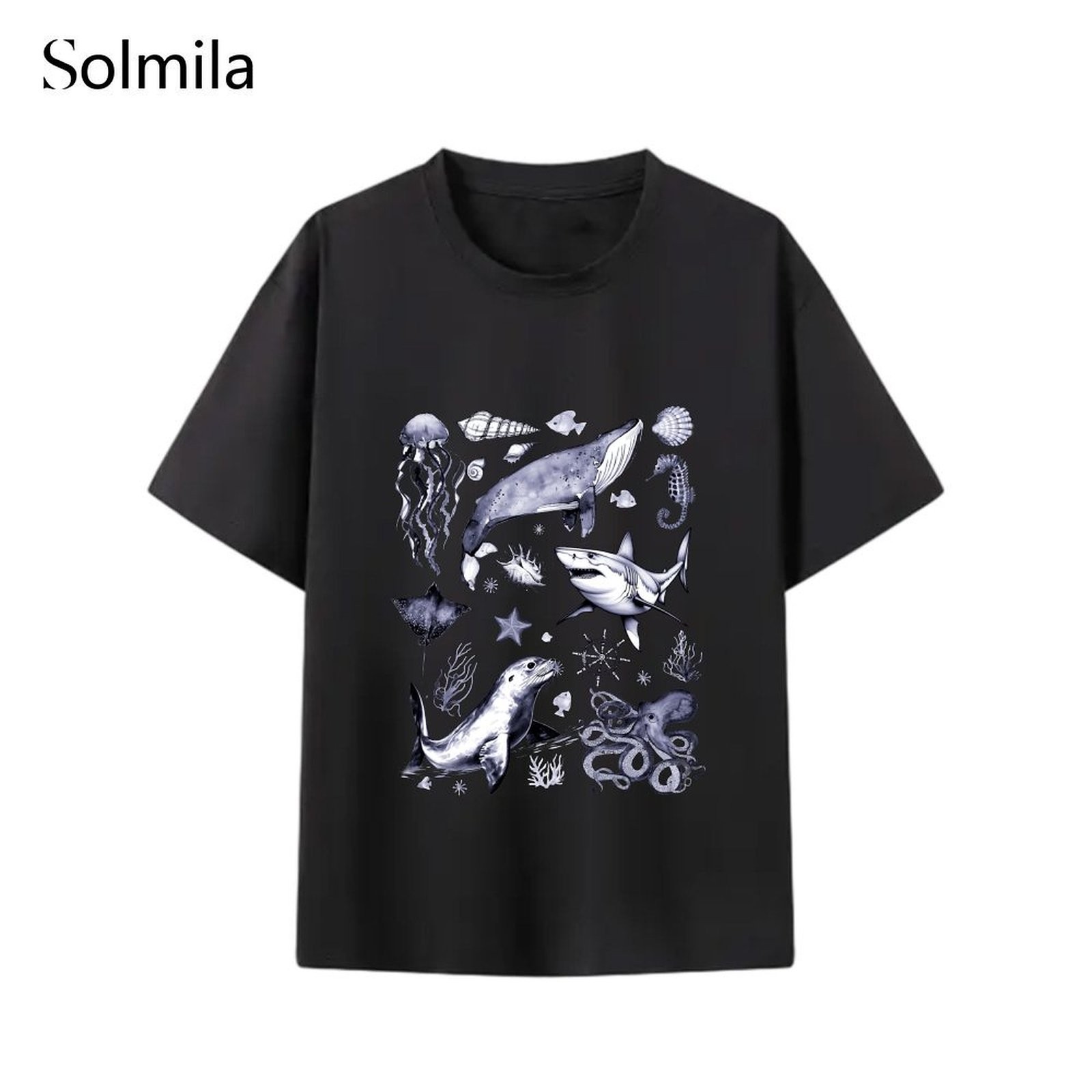 Daily Wear Vacation Casual Fashion Top Round Neck Tee Korean Screen Pattern - Picture 5 of 9