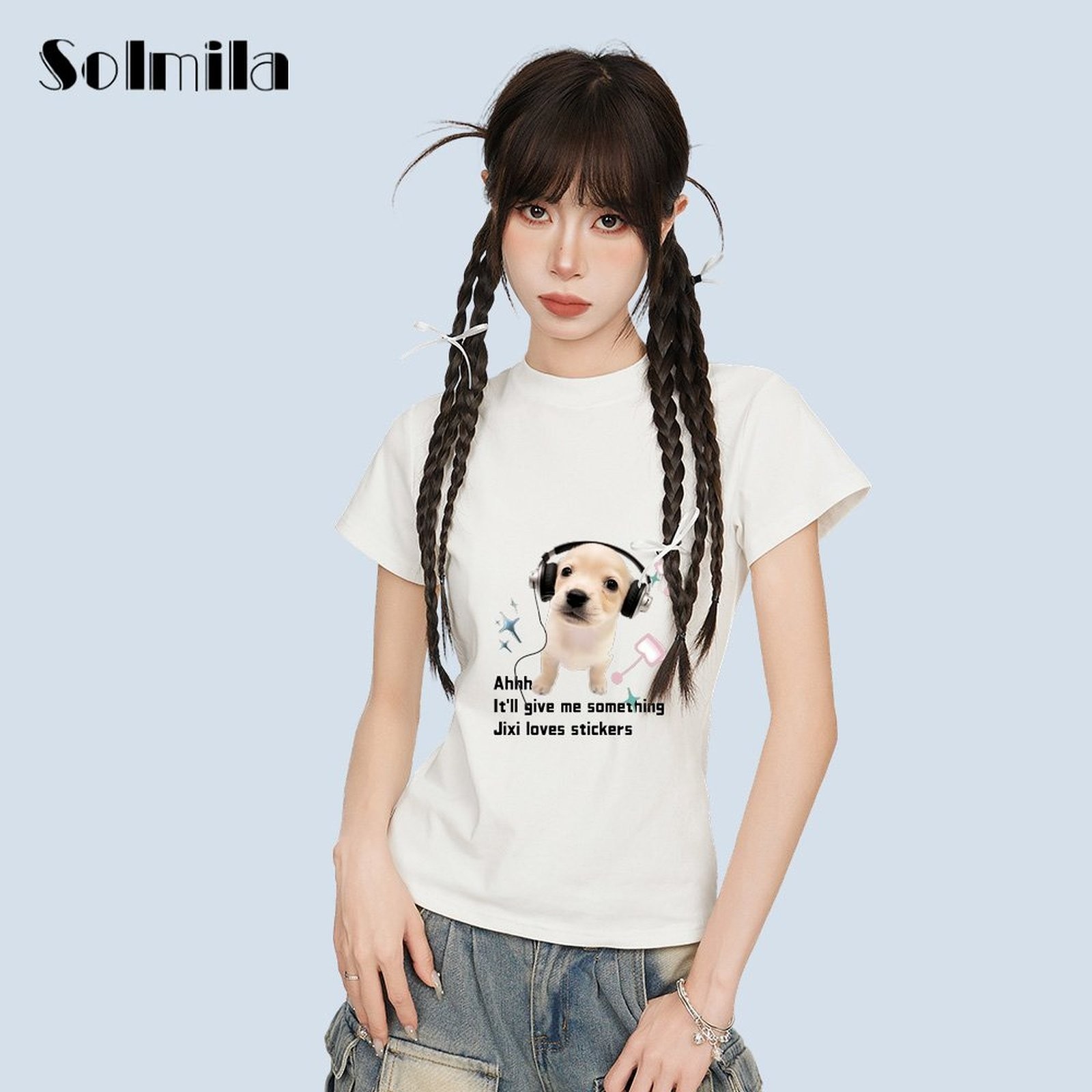 Korean Style Shirt Dog Print Shirt Regular Length Round Neckline Slight Stretch - Picture 9 of 13