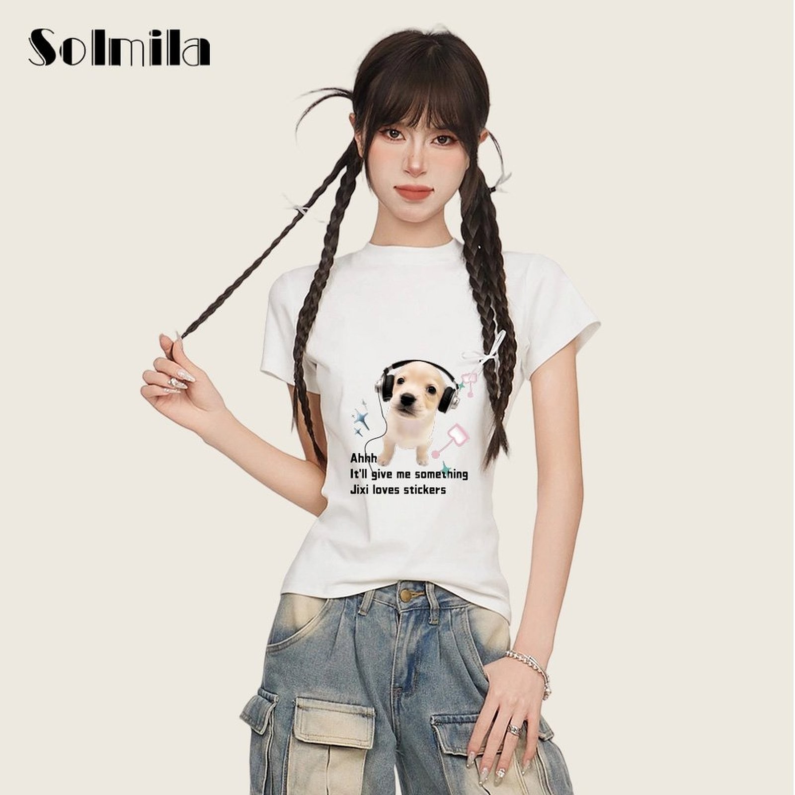 Korean Style Shirt Dog Print Shirt Regular Length Round Neckline Slight Stretch - Picture 8 of 13