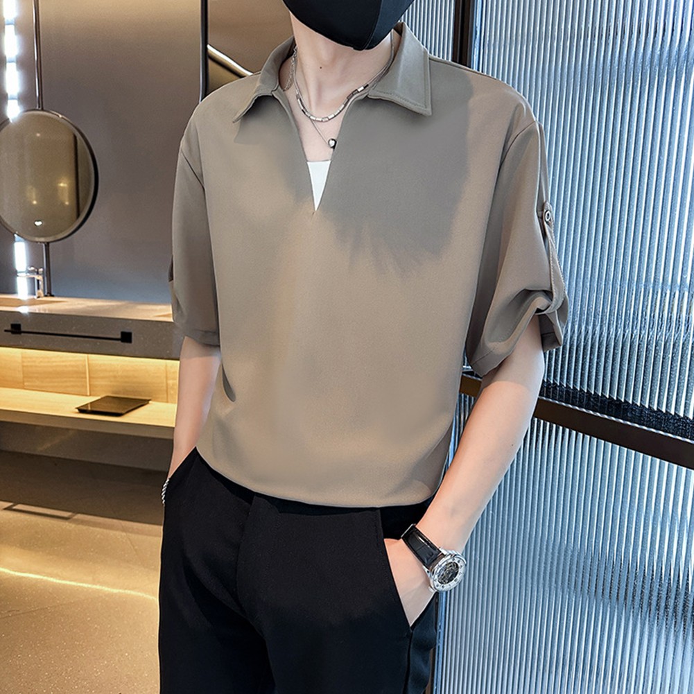 Korean Lapel Short Sleeve Shirt for Men with Thin Material and Fivepoint Sleeve - Picture 14 of 28