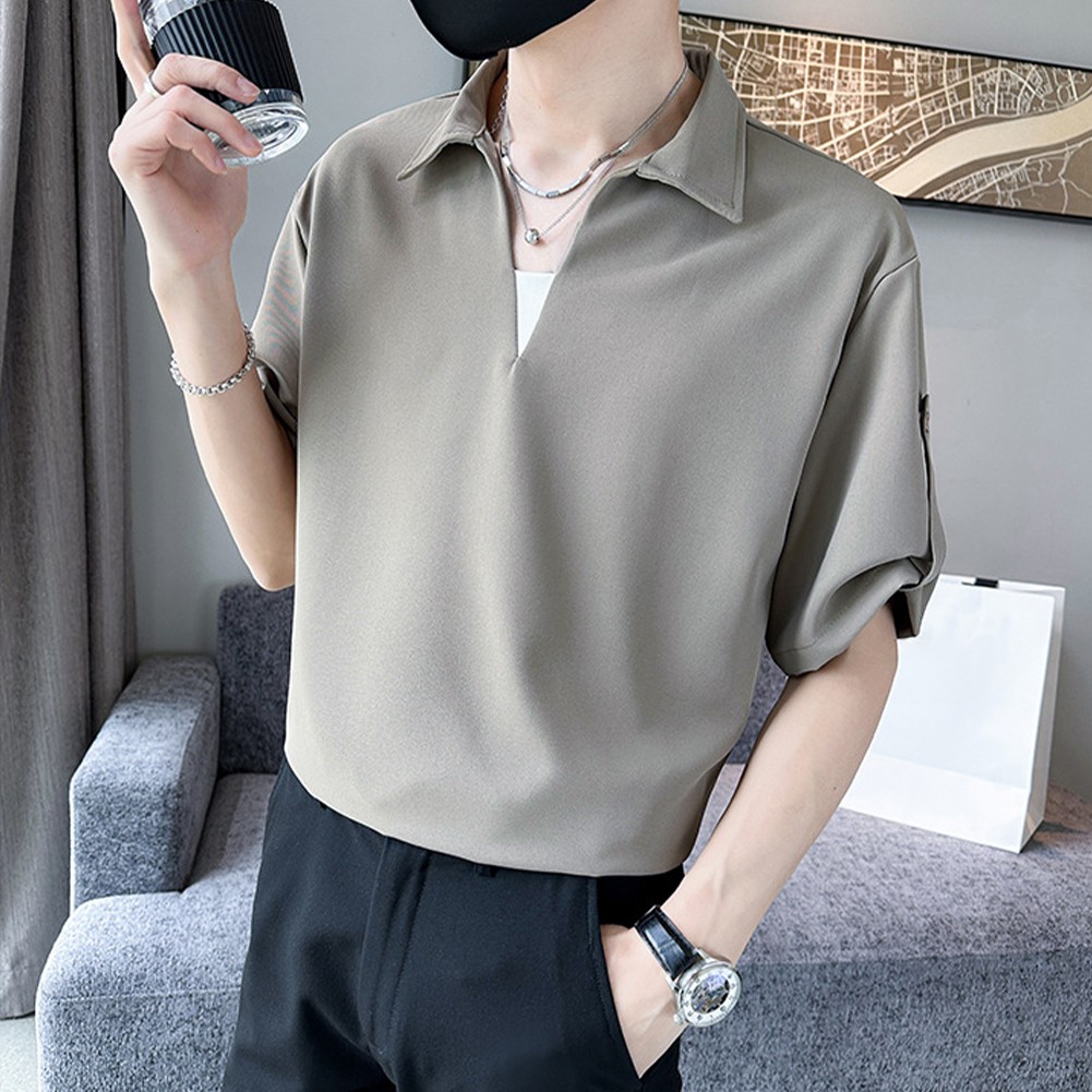 Korean Lapel Short Sleeve Shirt for Men with Thin Material and Fivepoint Sleeve - Picture 16 of 28
