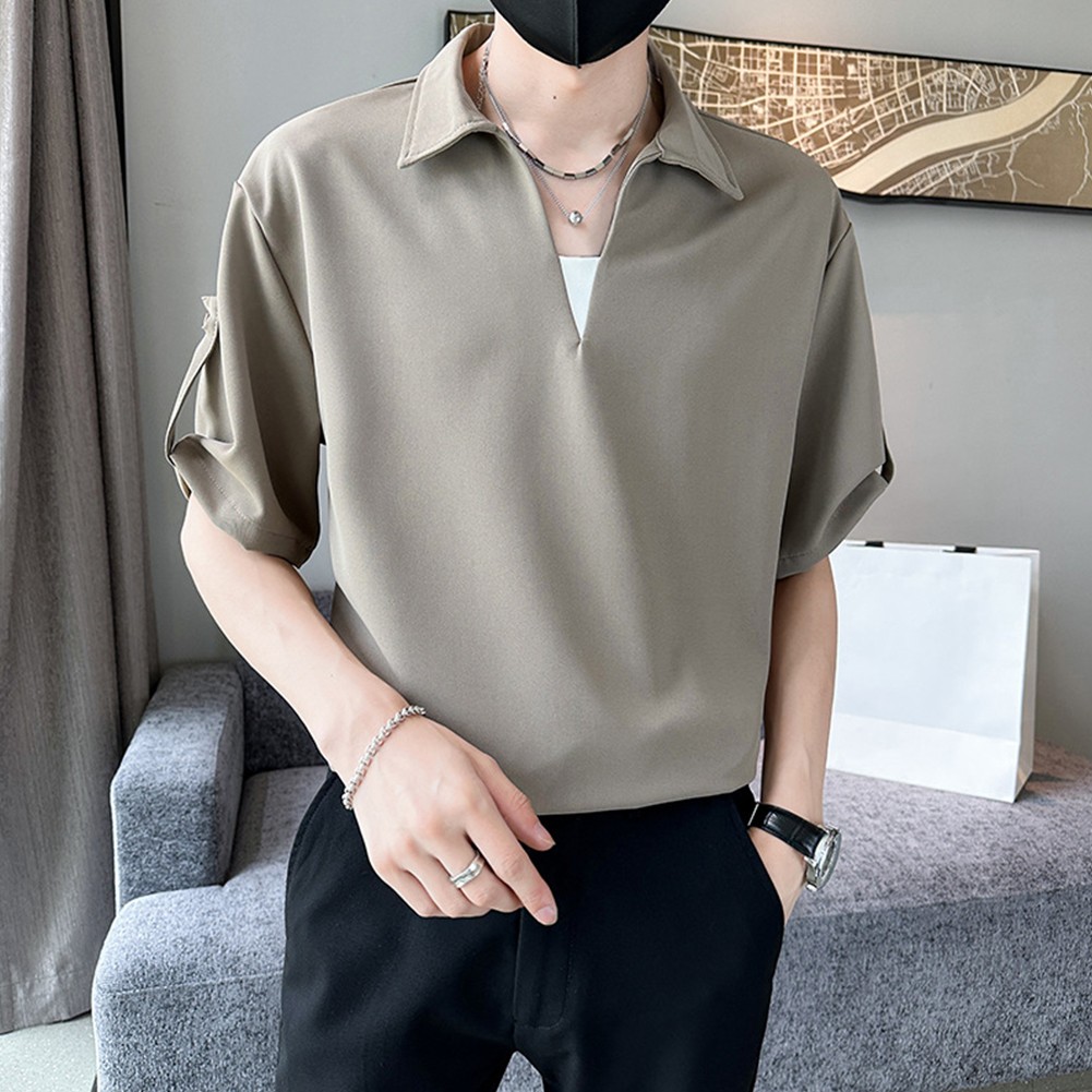 Korean Lapel Short Sleeve Shirt for Men with Thin Material and Fivepoint Sleeve - Picture 15 of 28
