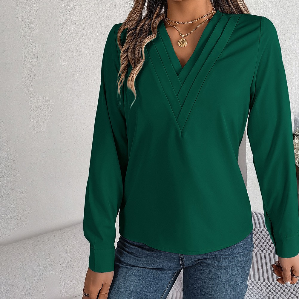 Layered V Neck Long Sleeve Shirt for Women Solid Color Casual Street Style - Picture 43 of 54
