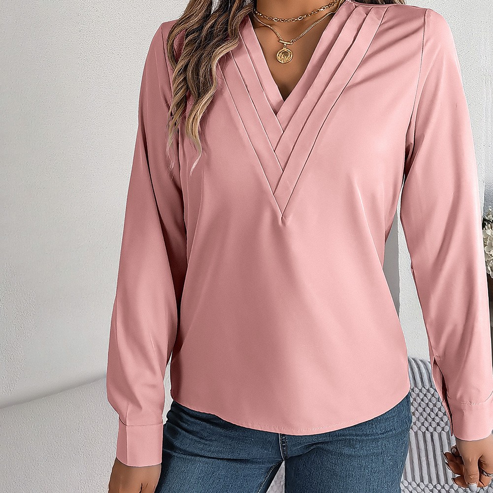 Layered V Neck Long Sleeve Shirt for Women Solid Color Casual Street Style - Picture 39 of 54