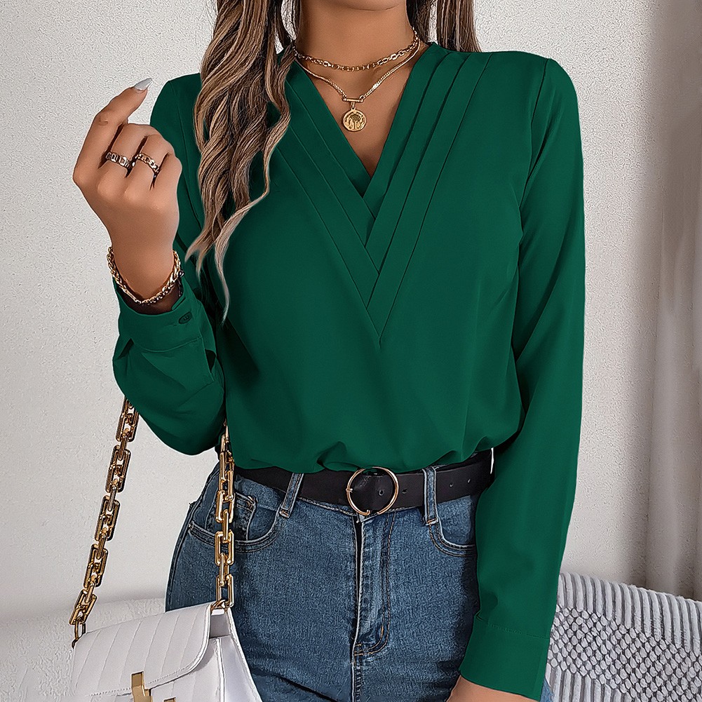 Layered V Neck Long Sleeve Shirt for Women Solid Color Casual Street Style - Picture 48 of 54