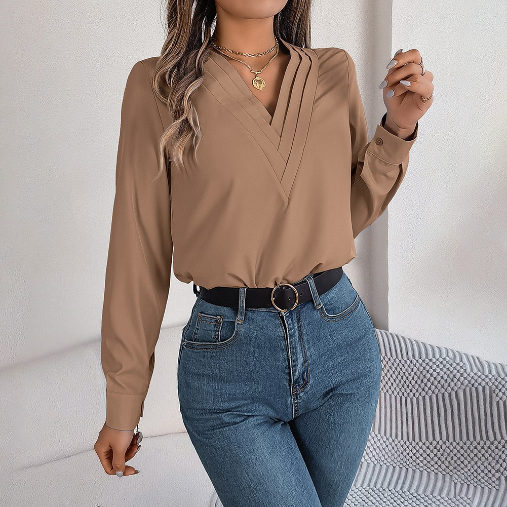 Layered V Neck Long Sleeve Shirt for Women Solid Color Casual Street Style - Picture 32 of 54