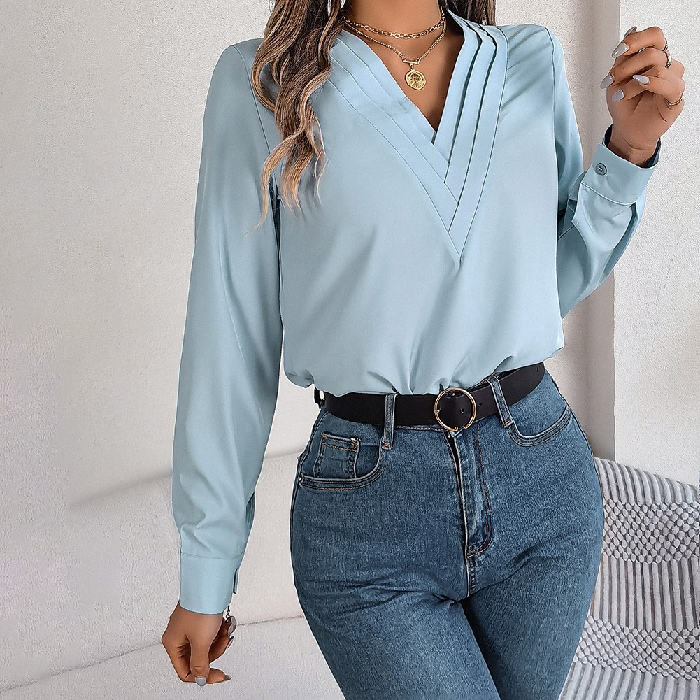 Layered V Neck Long Sleeve Shirt for Women Solid Color Casual Street Style - Picture 26 of 54