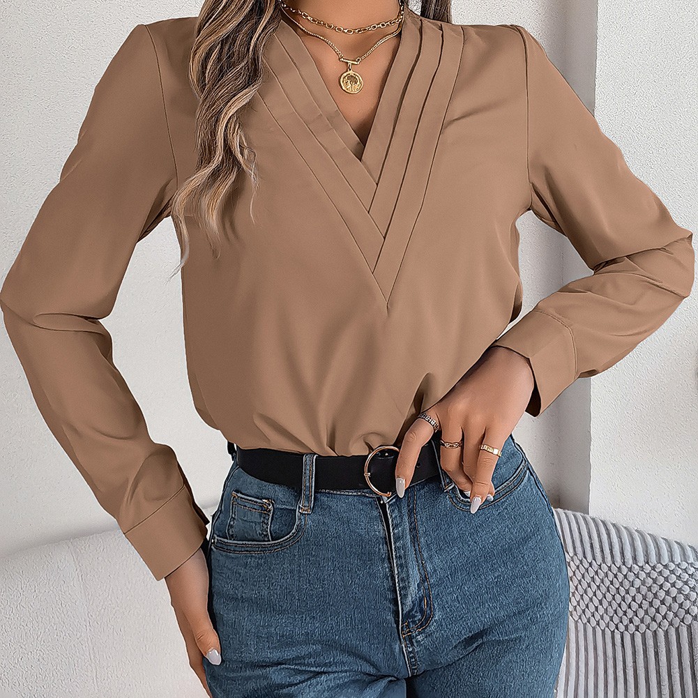 Layered V Neck Long Sleeve Shirt for Women Solid Color Casual Street Style - Picture 30 of 54