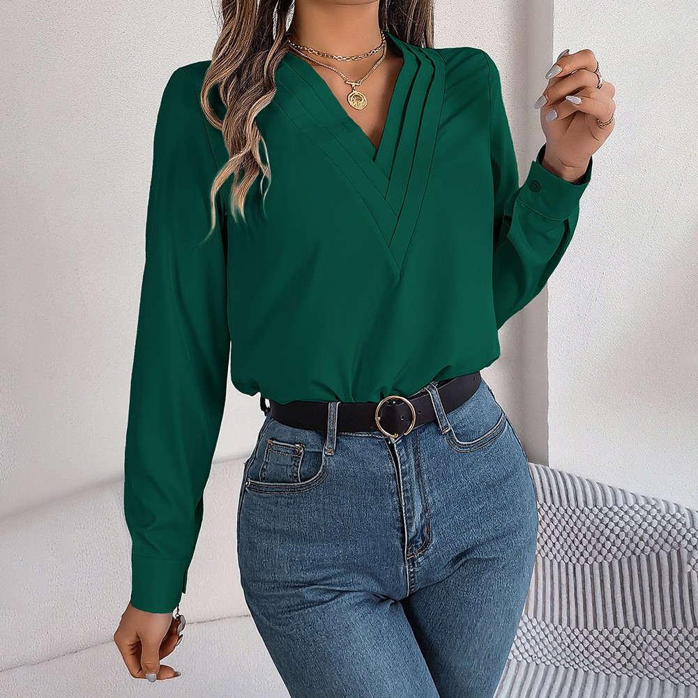 Layered V Neck Long Sleeve Shirt for Women Solid Color Casual Street Style - Picture 47 of 54