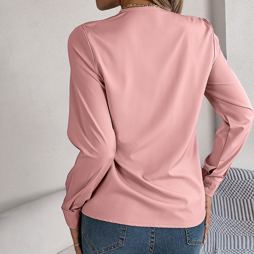Layered V Neck Long Sleeve Shirt for Women Solid Color Casual Street Style - Picture 41 of 54