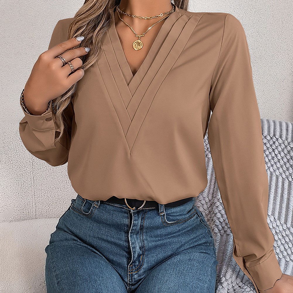 Layered V Neck Long Sleeve Shirt for Women Solid Color Casual Street Style - Picture 34 of 54