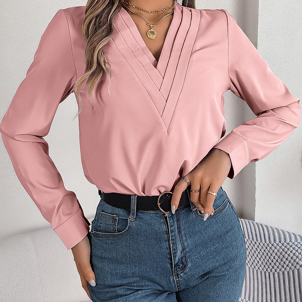 Layered V Neck Long Sleeve Shirt for Women Solid Color Casual Street Style - Picture 38 of 54