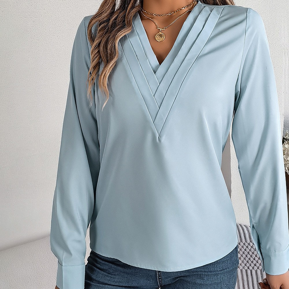 Layered V Neck Long Sleeve Shirt for Women Solid Color Casual Street Style - Picture 28 of 54