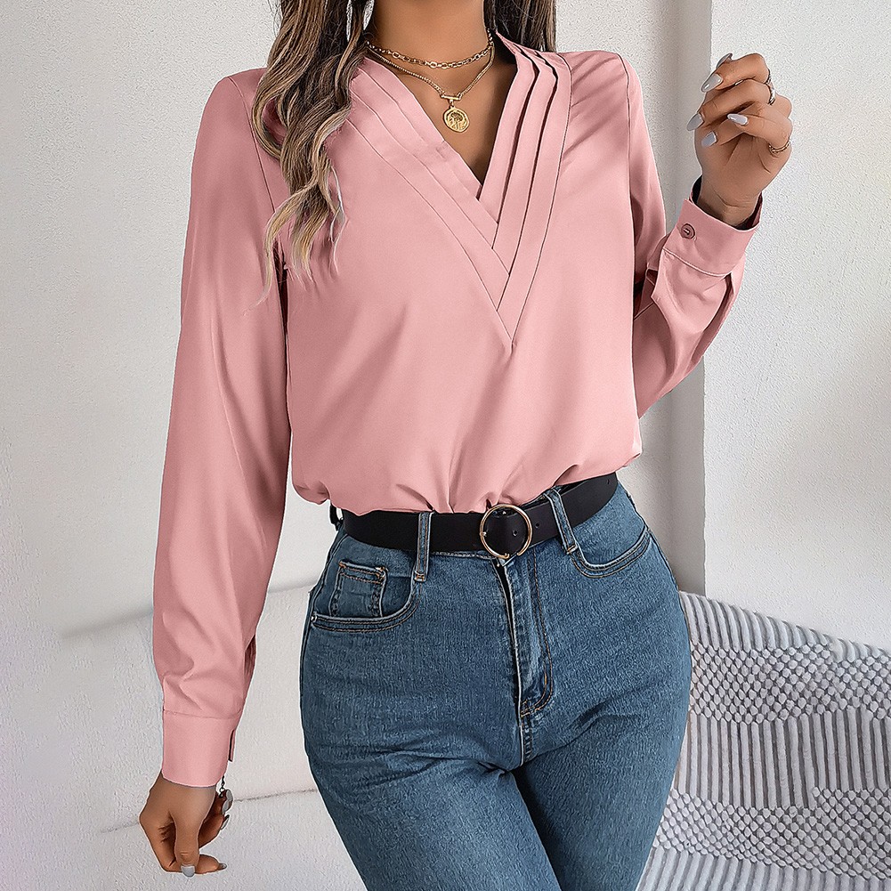 Layered V Neck Long Sleeve Shirt for Women Solid Color Casual Street Style - Picture 37 of 54