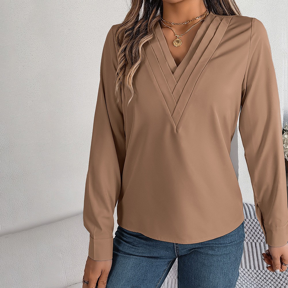 Layered V Neck Long Sleeve Shirt for Women Solid Color Casual Street Style - Picture 33 of 54