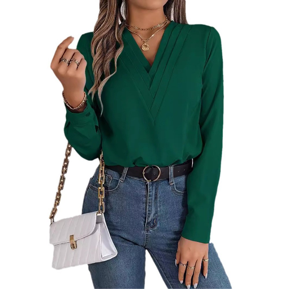 Layered V Neck Long Sleeve Shirt for Women Solid Color Casual Street Style - Picture 42 of 54