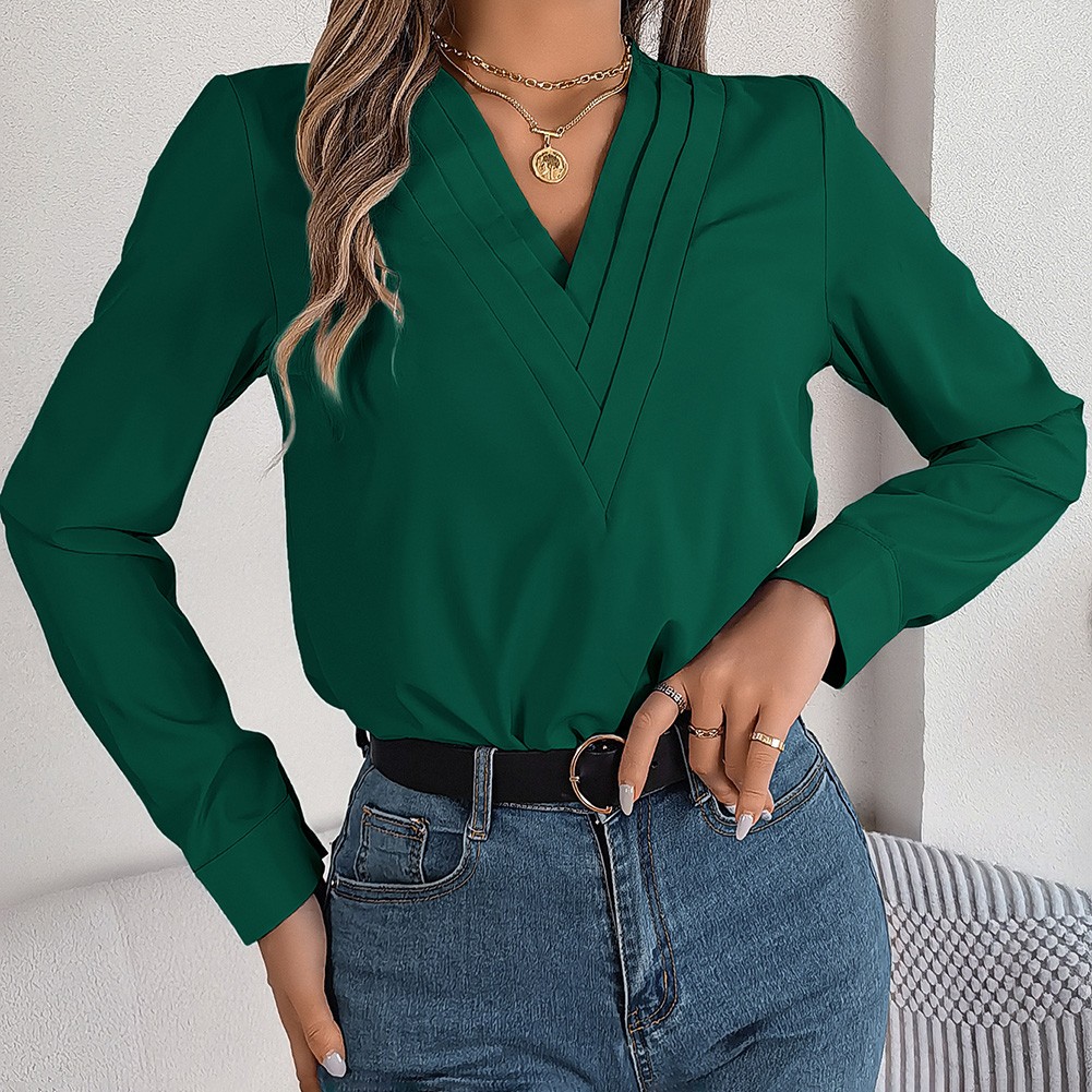 Layered V Neck Long Sleeve Shirt for Women Solid Color Casual Street Style - Picture 44 of 54