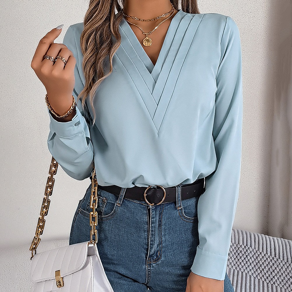 Layered V Neck Long Sleeve Shirt for Women Solid Color Casual Street Style - Picture 24 of 54