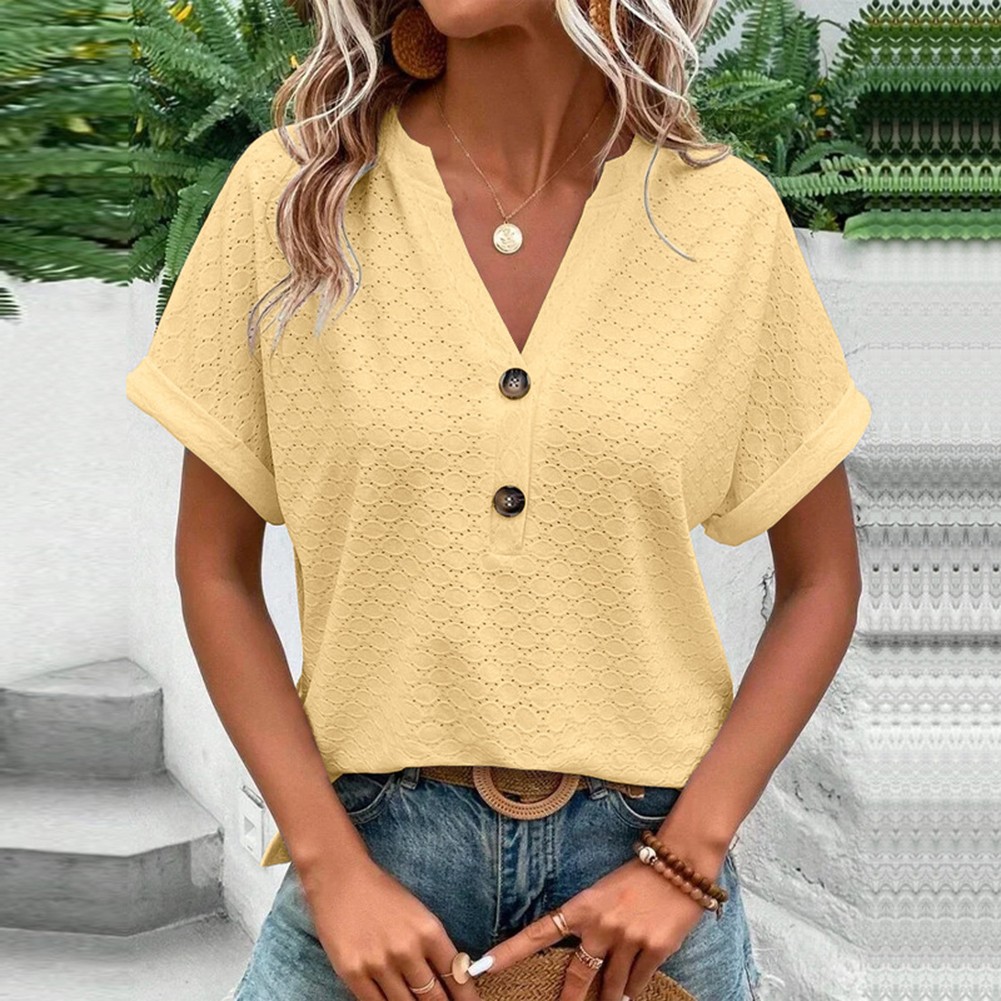 Fashion Must Have einfarbiges Damen-T-Shirt mit V-Ausschnitt für Frühlingsausflüge - Bild 23 von 37