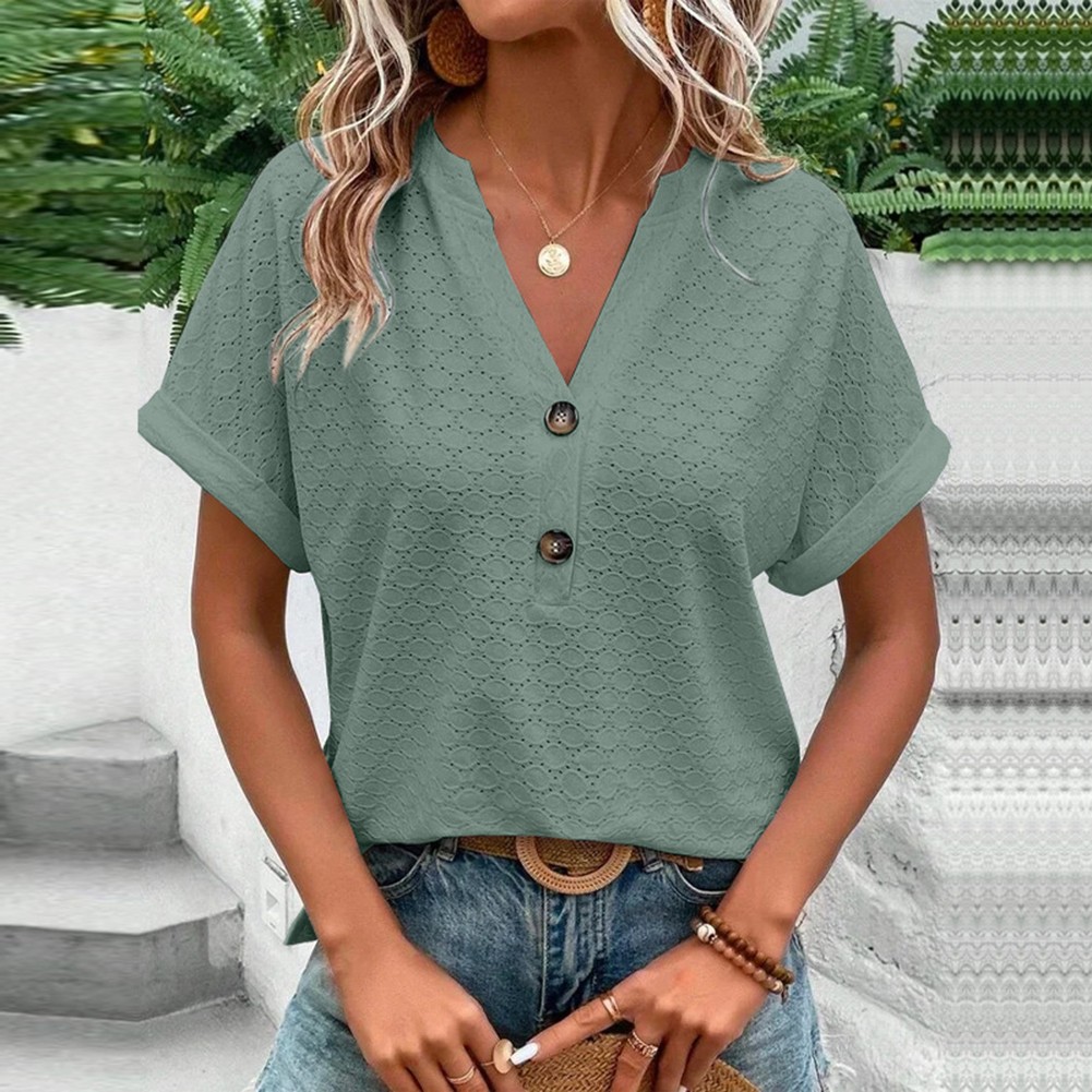 Fashion Must Have einfarbiges Damen-T-Shirt mit V-Ausschnitt für Frühlingsausflüge - Bild 22 von 37