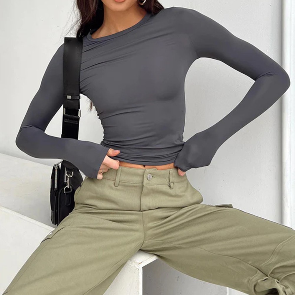 Solid Color Slim Fit Long Sleeve Top for Leisure Activities and Cycling - Picture 16 of 30