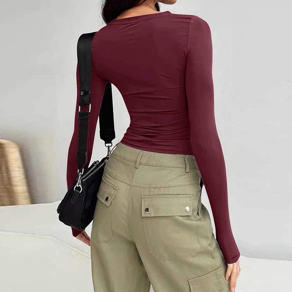 Solid Color Slim Fit Long Sleeve Top for Leisure Activities and Cycling - Picture 28 of 30