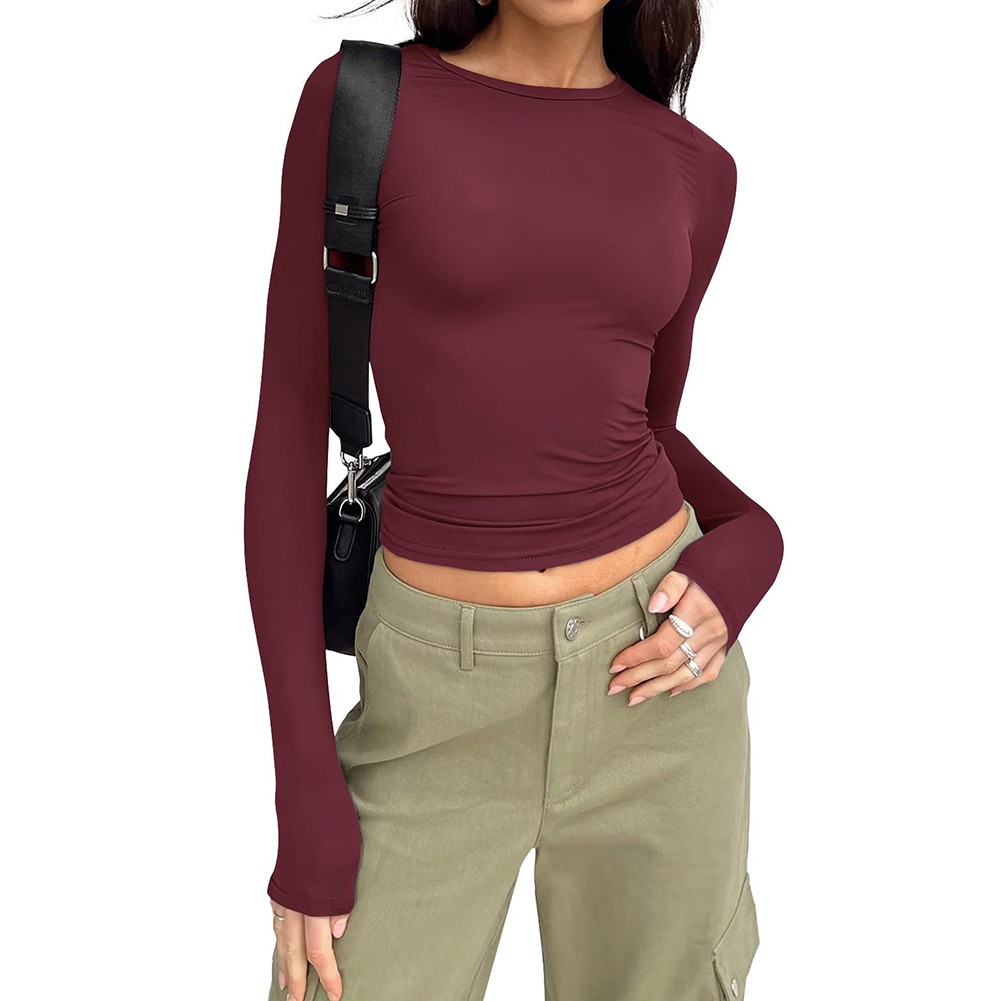 Solid Color Slim Fit Long Sleeve Top for Leisure Activities and Cycling - Picture 25 of 30