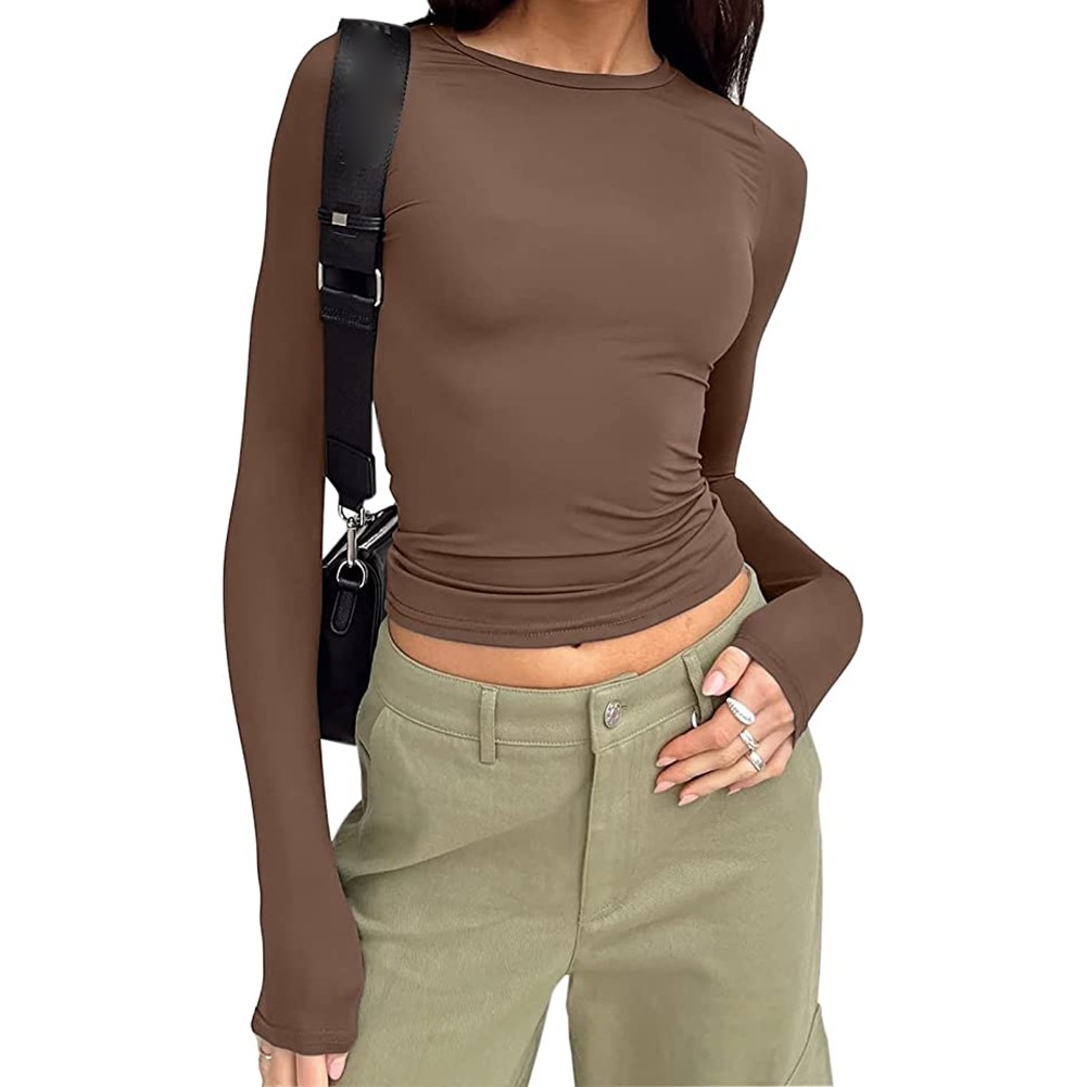 Solid Color Slim Fit Long Sleeve Top for Leisure Activities and Cycling - Picture 29 of 30