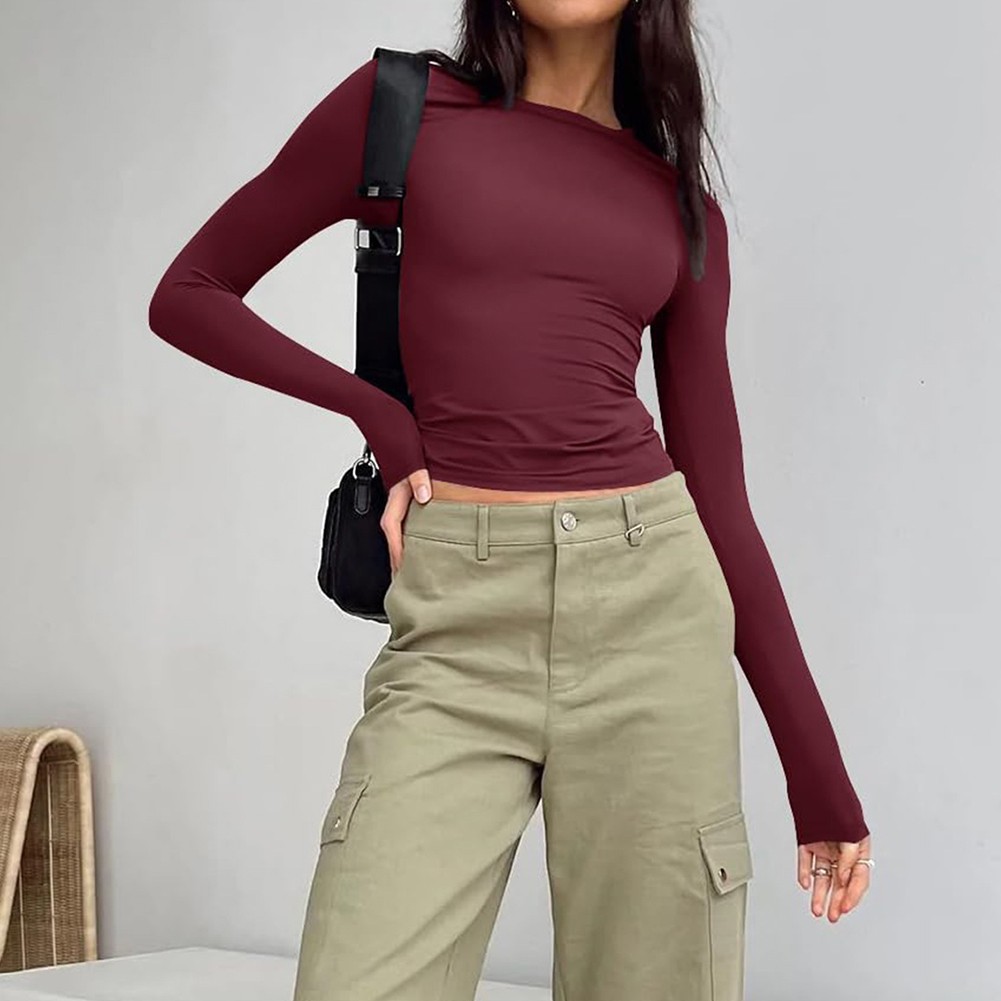 Solid Color Slim Fit Long Sleeve Top for Leisure Activities and Cycling - Picture 26 of 30